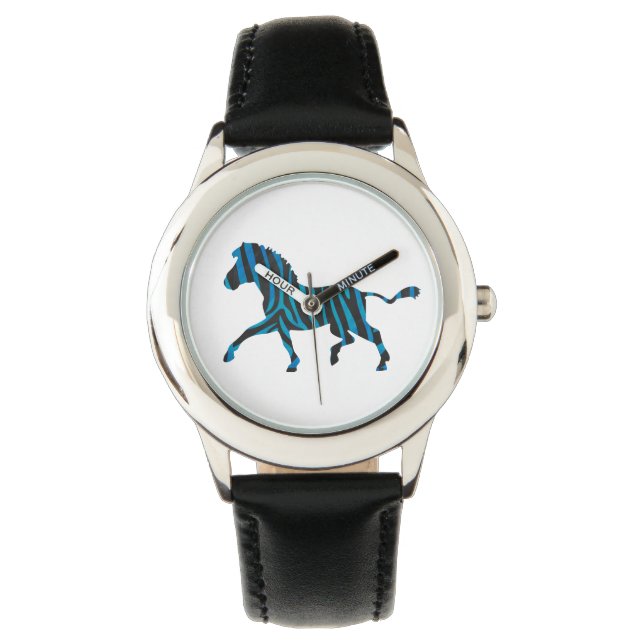Zebra Black en Blue Silhouette Horloge (Voorkant)