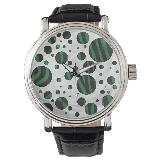 Zebra Black en Green Polka Dot Horloge (Voorkant)