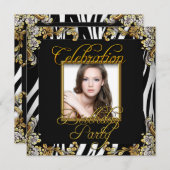 Zebra Black White Gold Photo Birthday Party Kaart (Voorkant / Achterkant)