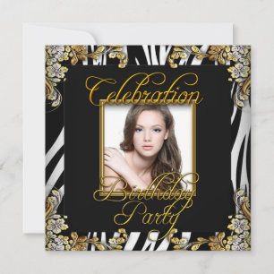 Zebra Black White Gold Photo Birthday Party Kaart