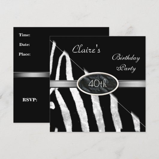 Zebra Black White Silver 40th Birthday Party Kaart (Voorkant / Achterkant)