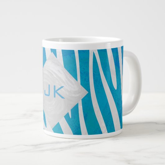 Zebra blauw en wit met monogram grote koffiekop (Voorkant rechts)