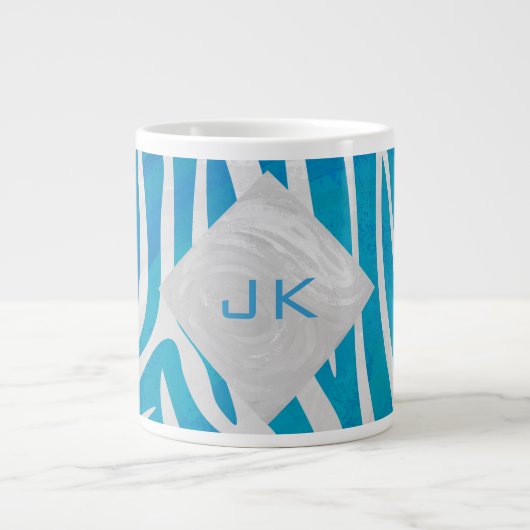 Zebra blauw en wit met monogram grote koffiekop (Voorkant)