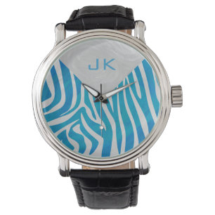 Zebra blauw en wit met monogram horloge