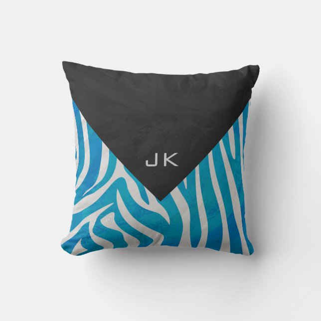 Zebra blauw en wit met monogram kussen (Voorkant)
