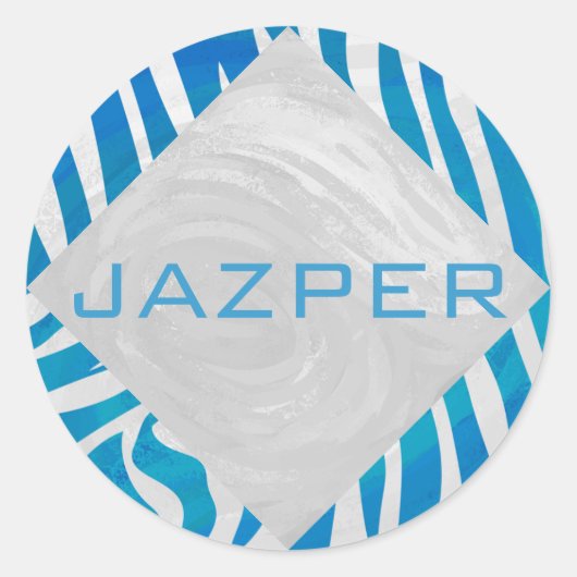 Zebra blauw en wit met monogram ronde sticker (Voorkant)