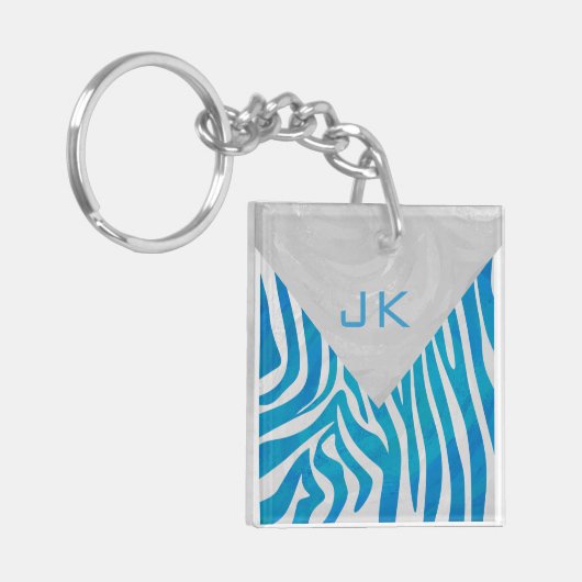 Zebra blauw en wit met monogram sleutelhanger (Voorkant Links)