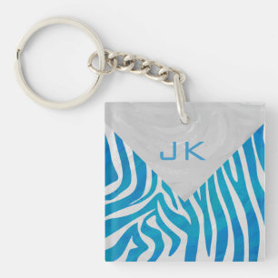 Zebra blauw en wit met monogram sleutelhanger
