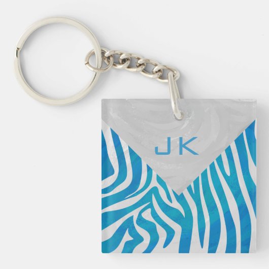 Zebra blauw en wit met monogram sleutelhanger (Voorkant)