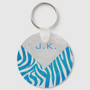 Zebra blauw en wit met monogram sleutelhanger
