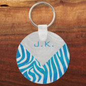Zebra blauw en wit met monogram sleutelhanger (Voorkant)
