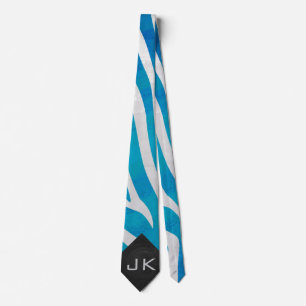 Zebra blauw en wit met monogram stropdas
