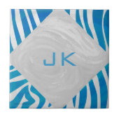 Zebra blauw en wit met monogram tegeltje (Voorkant)