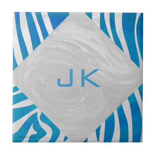 Zebra blauw en wit met monogram tegeltje (Voorkant)