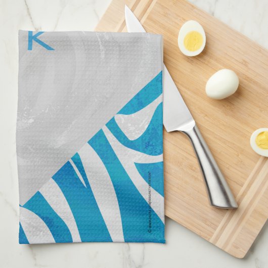 Zebra blauw en wit met monogram theedoek (Quarter Fold)