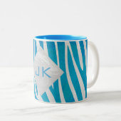 Zebra blauw en wit met monogram tweekleurige koffiemok (Voorkant rechts)