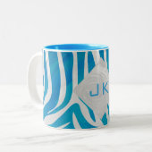 Zebra blauw en wit met monogram tweekleurige koffiemok (Voorkant links)