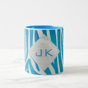 Zebra blauw en wit met monogram tweekleurige koffiemok