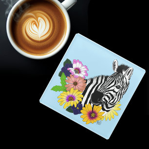 Zebra Blauw Kleurrijk Madeliefje Bloemendierentuin Glazen Onderzetter