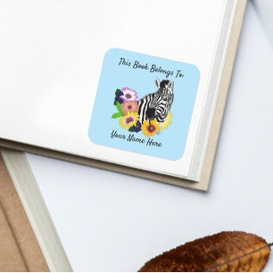 Zebra Blauw Kleurrijke Madeliefjes Bloem Boekplaat Vierkante Sticker