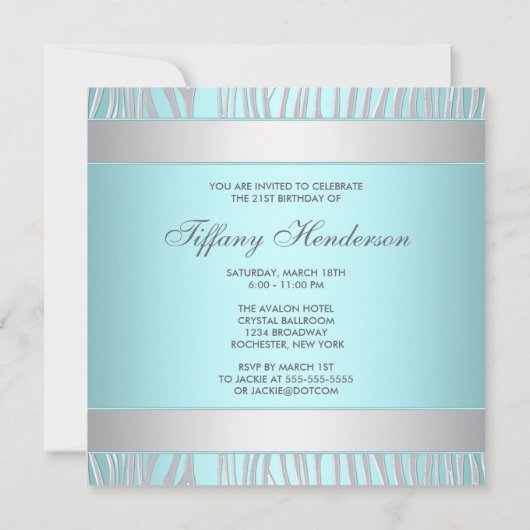 Zebra Blauwgroen Blauw 21ste Verjaardagsfeest Kaart (Achterkant)