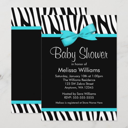 Zebra Blauwgroen blauw gedrukt Baby shower Kaart (Voorkant / Achterkant)