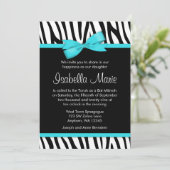 Zebra Blauwgroen blauw gedrukte Bow Bat Mitzvah Ui Kaart (Staand voorkant)