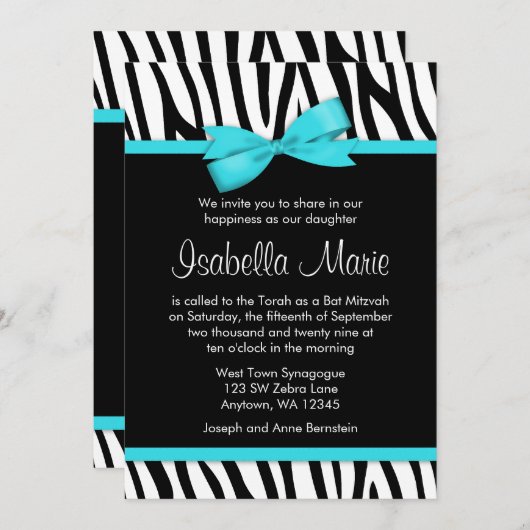 Zebra Blauwgroen blauw gedrukte Bow Bat Mitzvah Ui Kaart (Voorkant / Achterkant)