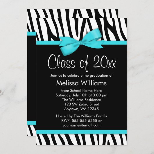 Zebra Blauwgroen blauw gedrukte Bow Graduation Par Kaart (Voorkant / Achterkant)
