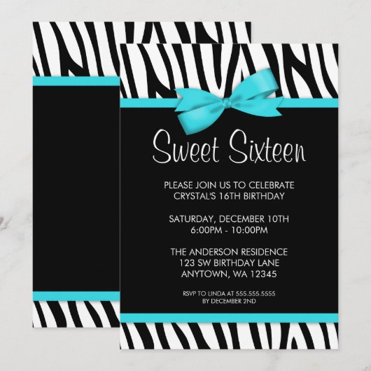 Zebra Blauwgroen blauw gedrukte Bow Sweet 16 verja Kaart (Voorkant / Achterkant)