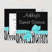 Zebra Blauwgroen Blue Bow Diamond Sweet 16 Uitnodi Kaart (Voorkant / Achterkant)