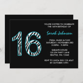 Zebra Blauwgroen en zwart zoet 16 uitnodiging van (Voorkant / Achterkant)