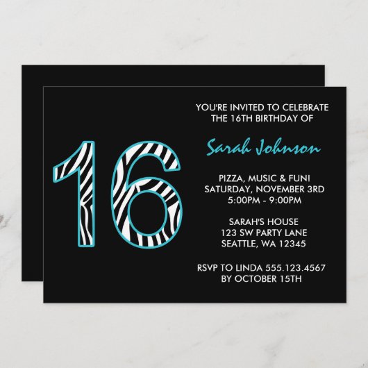 Zebra Blauwgroen en zwart zoet 16 uitnodiging van (Voorkant / Achterkant)