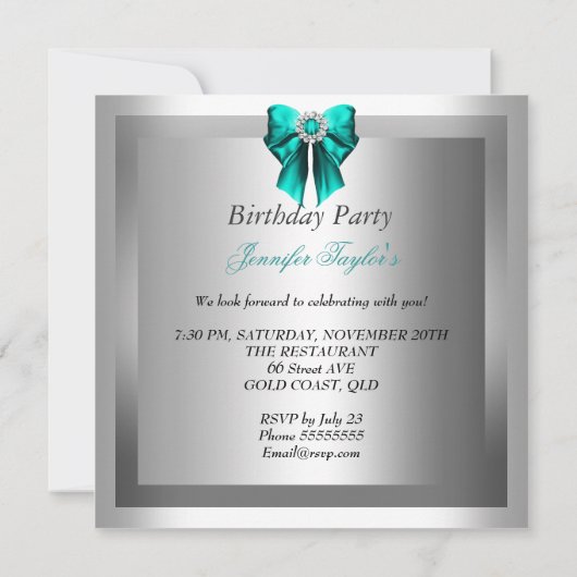 Zebra Blauwgroen Zilver Birthday Party Kaart (Achterkant)