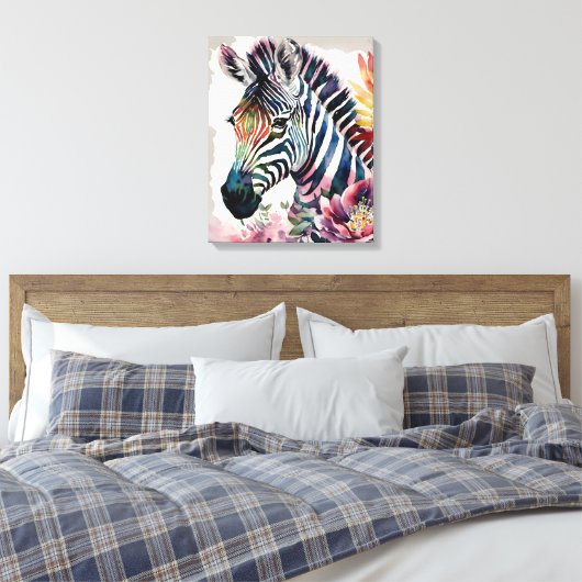 Zebra Bloemen Waterverf Kunst Canvas Afdruk (Insitu (Slaapkamer))