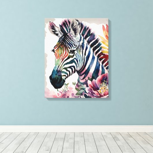 Zebra Bloemen Waterverf Kunst Canvas Afdruk (Insitu (Houten vloer))