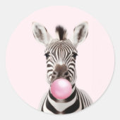 Zebra Blowing Pink Bubble Gum Speelse Digitale Kun Ronde Sticker (Voorkant)