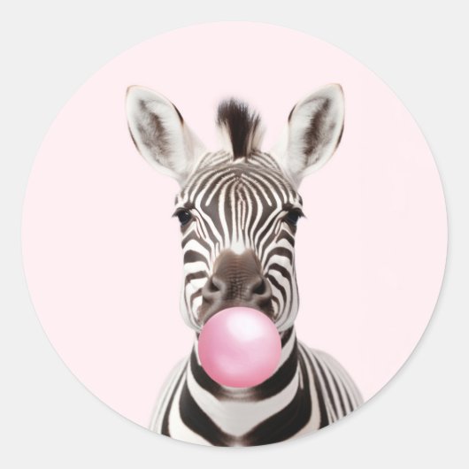 Zebra Blowing Pink Bubble Gum Speelse Digitale Kun Ronde Sticker (Voorkant)