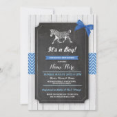 Zebra Blue Baby shower Party Boy Wood Invite Kaart (Voorkant)