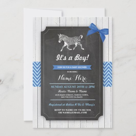 Zebra Blue Baby shower Party Boy Wood Invite Kaart (Voorkant)
