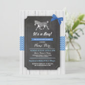 Zebra Blue Baby shower Party Boy Wood Invite Kaart (Staand voorkant)