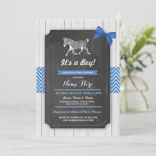 Zebra Blue Baby shower Party Boy Wood Invite Kaart (Staand voorkant)
