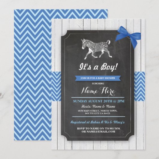 Zebra Blue Baby shower Party Boy Wood Invite Kaart (Voorkant / Achterkant)