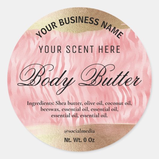 Zebra body boterlabels in roze en goud ronde sticker (Voorkant)