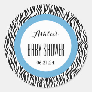ZEBRA Boy Baby shower Naam Datum V04 BLUE BLACK Ronde Sticker