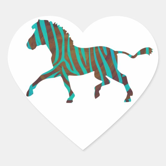 Zebra Brown en Blauwgroen Print Silhouette Hart Sticker (Voorkant)