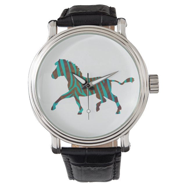 Zebra Brown en Blauwgroen Print Silhouette Horloge (Voorkant)