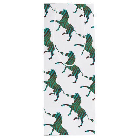 Zebra Brown en Blauwgroen Print Silhouette Wijn Cadeautas (Achterkant)