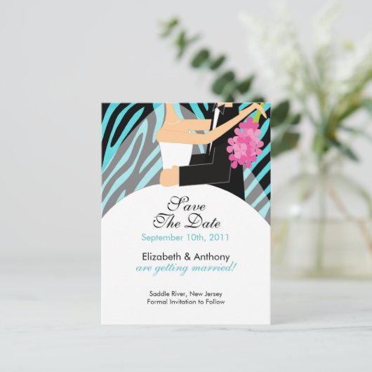 Zebra bruid bruidegom save the date BRIEFKAART! Aankondigingskaart (Staand voorkant)