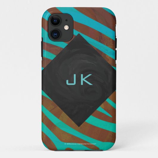 Zebra bruin en Blauwgroen met monogram Case-Mate iPhone Case (Achterkant)